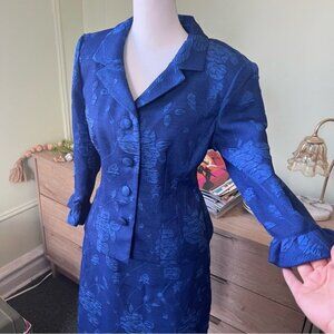 JESSICA HOWARD Vintage Blue Brocade Floral Ruffle Suit Jacket & Skirt Set Sz S-M